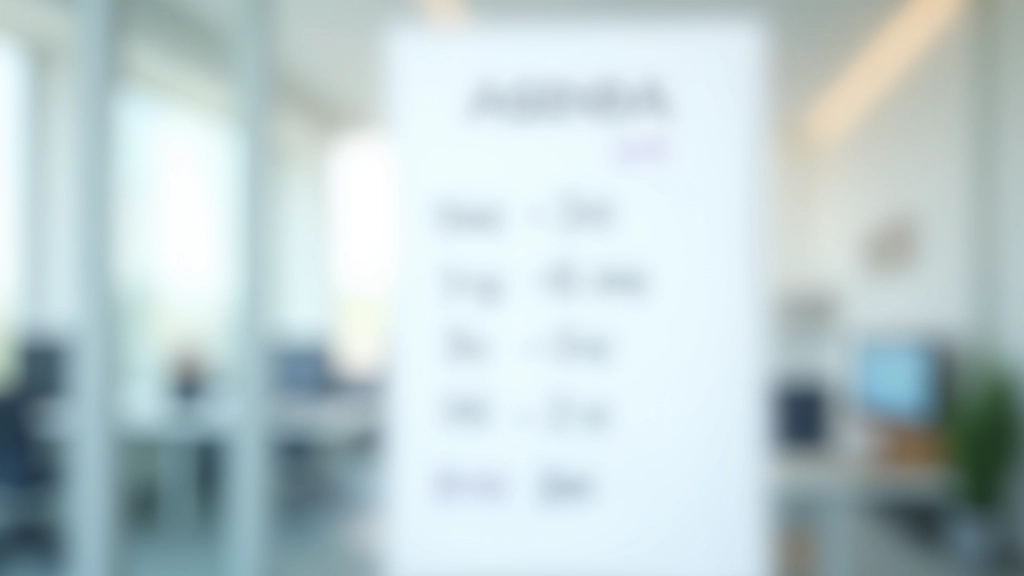 Detailed view of meeting agenda written on whiteboard with time allocations marked