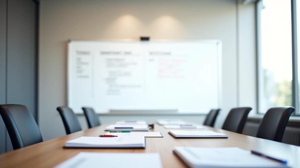 Meeting room with agenda written on whiteboard and notes scattered on table