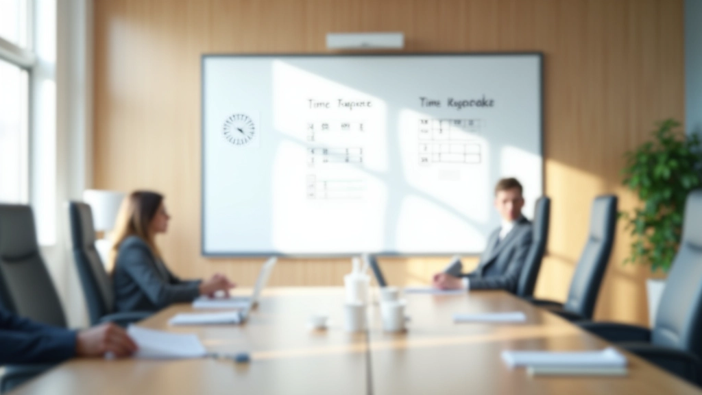 Meeting room with structured agenda on whiteboard and organized notes