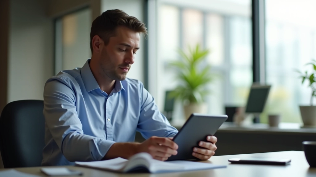 Executive reviewing meeting notes and time tracking on tablet at desk