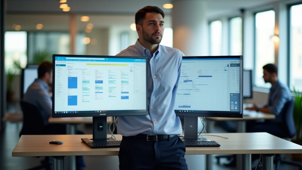 Professional working at standing desk with multiple screens showing calendar application