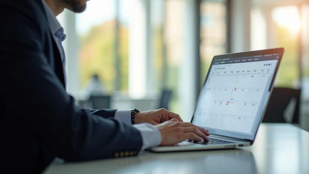 Executive at desk reviewing calendar and meeting schedule on laptop
