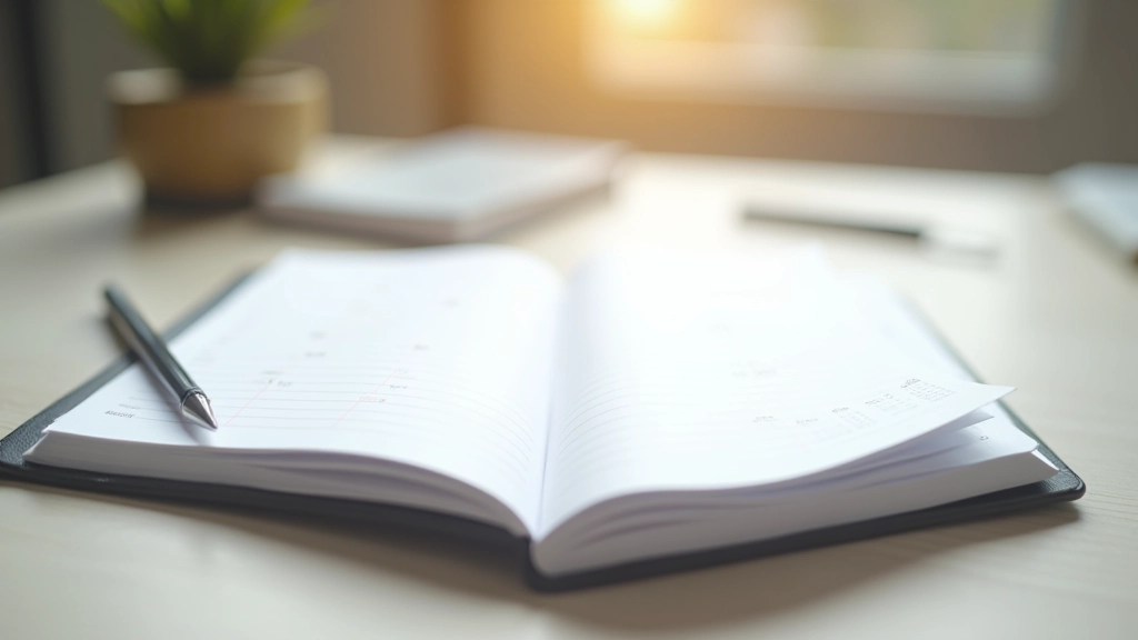 Weekly planning session with notebook showing time blocks and priority items