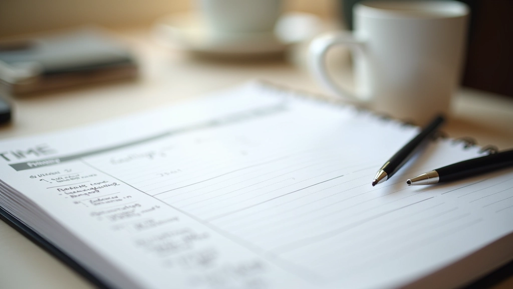 Notebook with priority list and action items handwritten on a clean desk