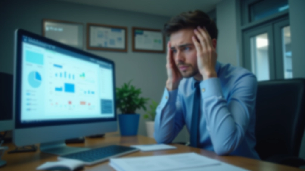 Frustrated professional at desk with multiple overlapping windows and notifications on screen