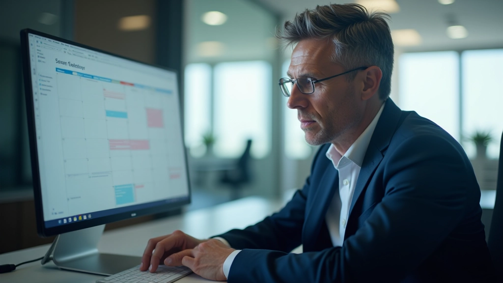 Executive reviewing calendar entries and priority list on digital screen with focused expression