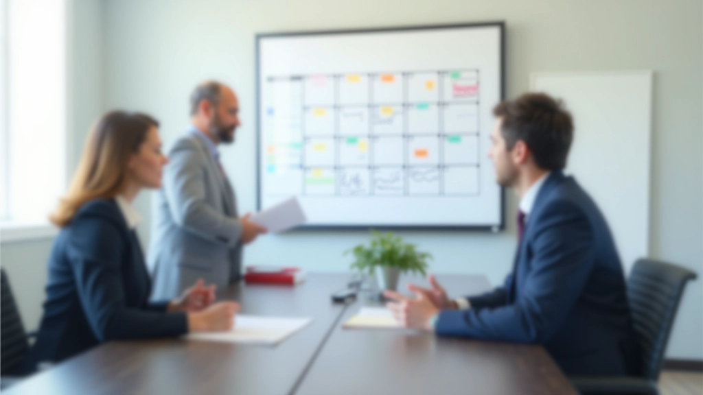 Team members in meeting discussing schedule and calendar management in bright conference room