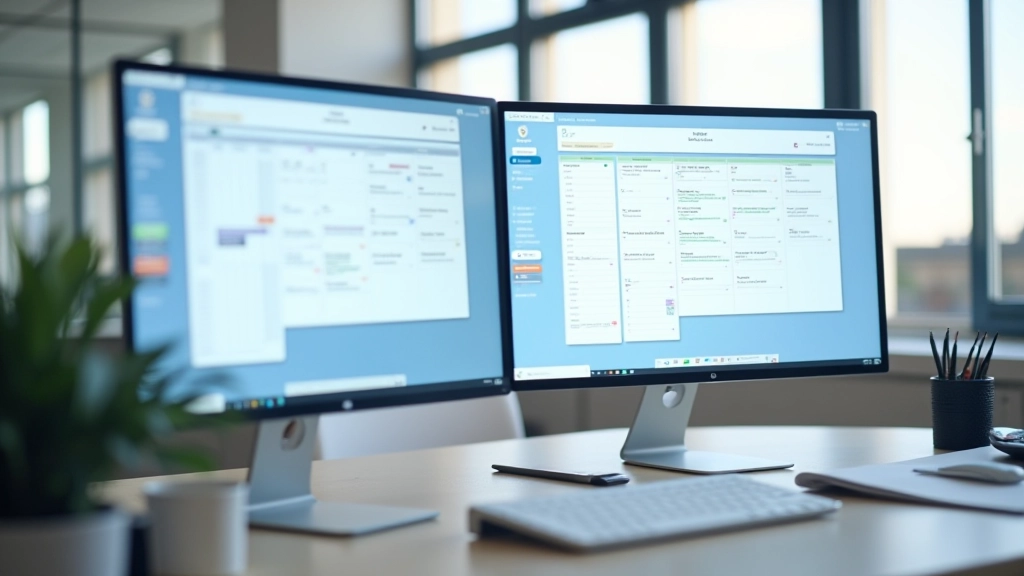 Executive at desk with multiple monitors showing organized calendar system